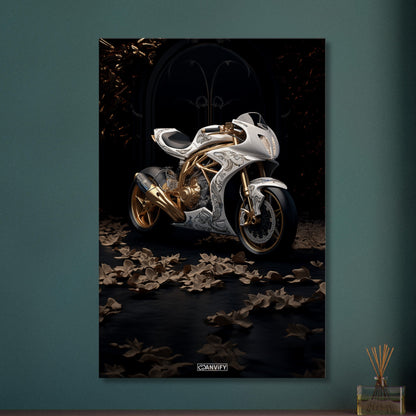 Motorrad in Weißer Farbe mit goldenen Akzenten und Felgen auf einer Leinwand
