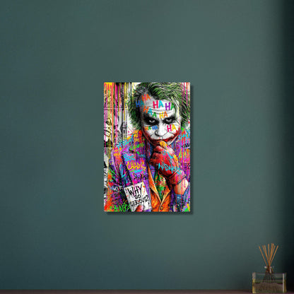 Superschurke "Joker" im bunten Pop Art Stil mit einer Karte in der Hand mit einem Spruch 'Why So Serious' auf Aluminium