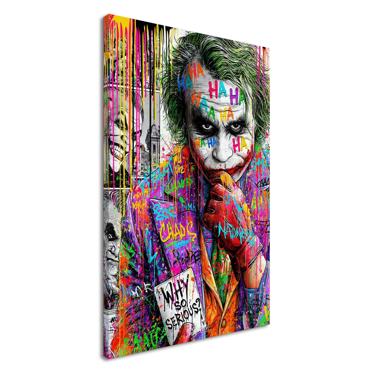 Superschurke "Joker" im bunten Pop Art Stil mit einer Karte in der Hand mit einem Spruch 'Why So Serious' auf einer Leinwand