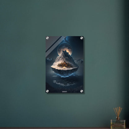 Schwebende Stadt auf einer verschneiten Insel über dem Wasser und einem Vollmond auf einem Acrylbild