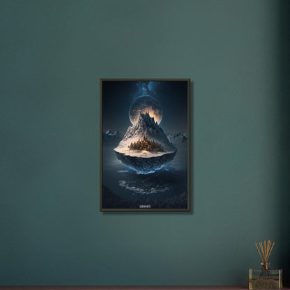 Schwebende Stadt auf einer verschneiten Insel über dem Wasser und einem Vollmond auf einem Poster im Metallrahmen