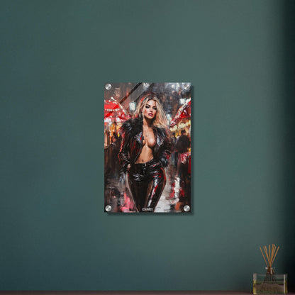 Sexy blonde Frau mit einer offenen schwarzen Jacke auf einem Acrylbild