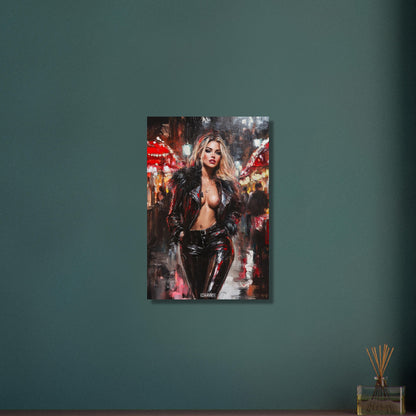 Sexy blonde Frau mit einer offenen schwarzen Jacke auf Aluminium