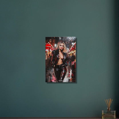 Sexy blonde Frau mit einer offenen schwarzen Jacke auf einer Leinwand