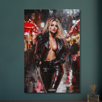 Sexy blonde Frau mit einer offenen schwarzen Jacke auf einer Leinwand