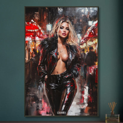 Sexy blonde Frau mit einer offenen schwarzen Jacke auf einem Poster im Metallrahmen