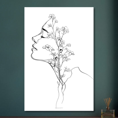 Frau mit Blumen gezeichnet mit einer Linie auf Aluminium