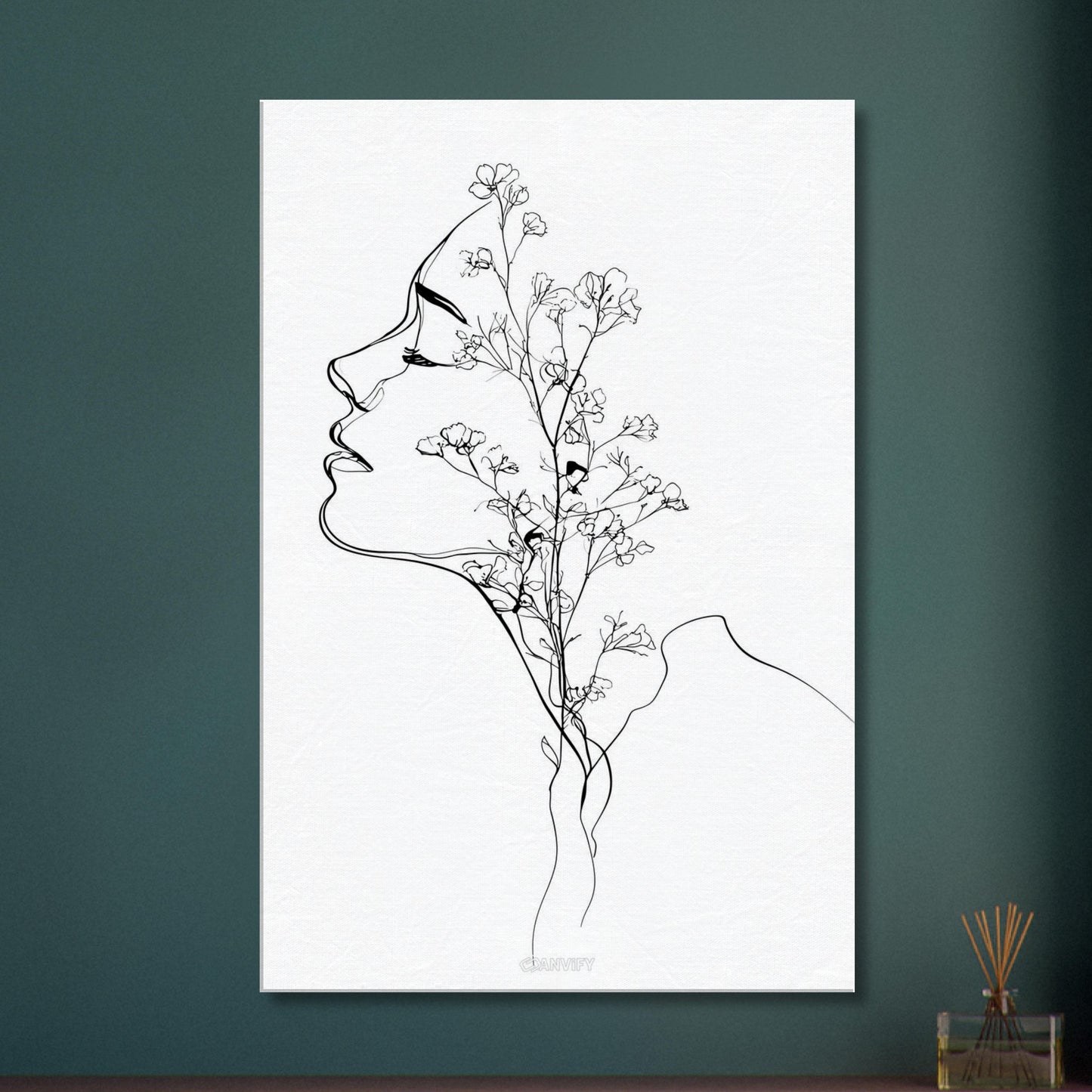 Frau mit Blumen gezeichnet mit einer Linie auf einer Leinwand