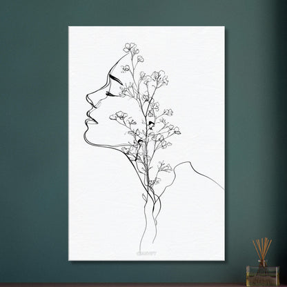 Frau mit Blumen gezeichnet mit einer Linie auf einer Leinwand