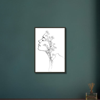 Frau mit Blumen gezeichnet mit einer Linie auf einem Poster im Metallrahmen