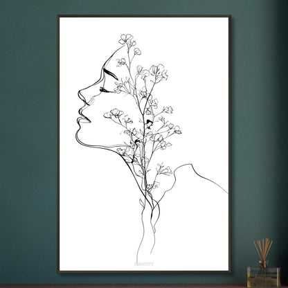 Frau mit Blumen gezeichnet mit einer Linie auf einem Poster im Metallrahmen