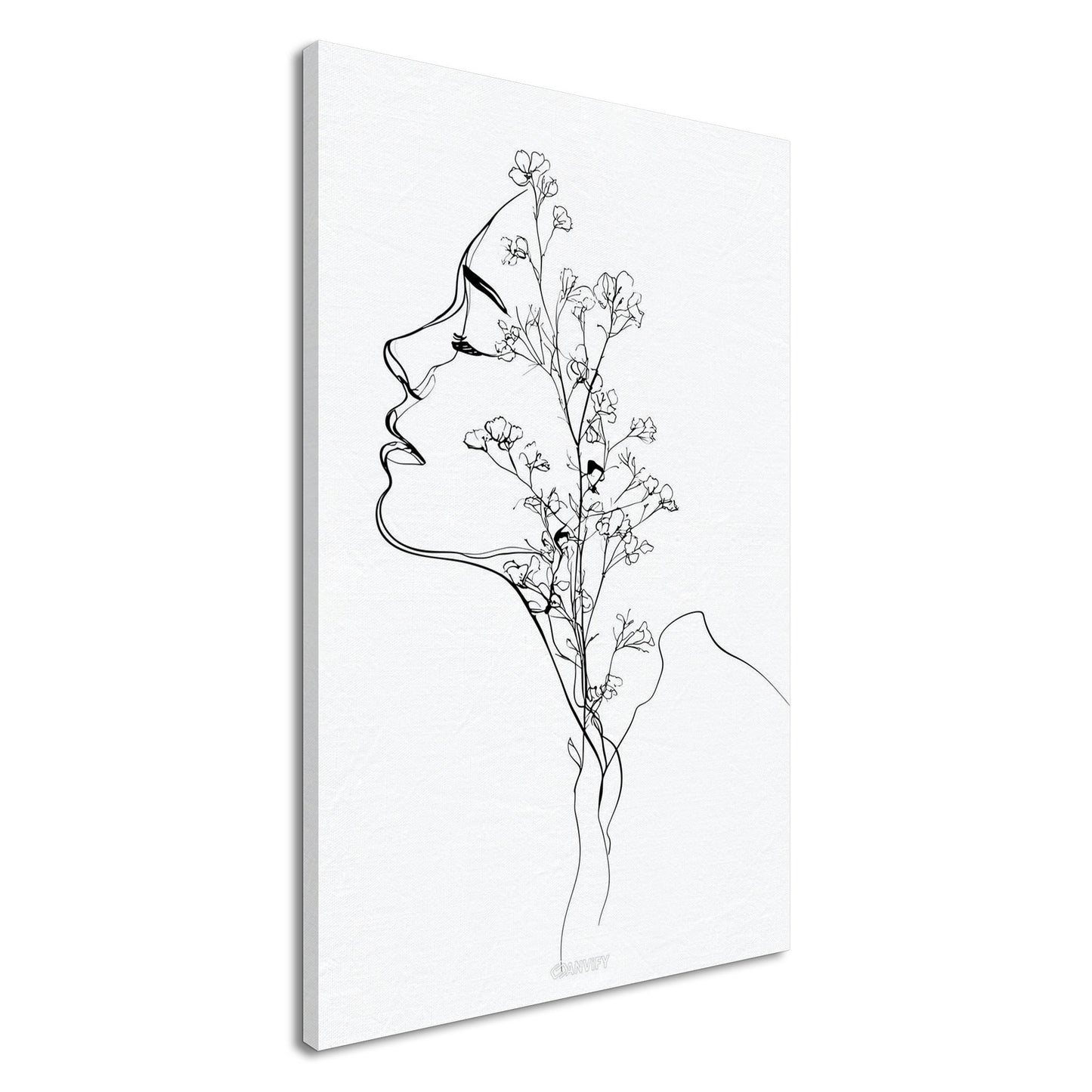 Frau mit Blumen gezeichnet mit einer Linie auf einer Leinwand