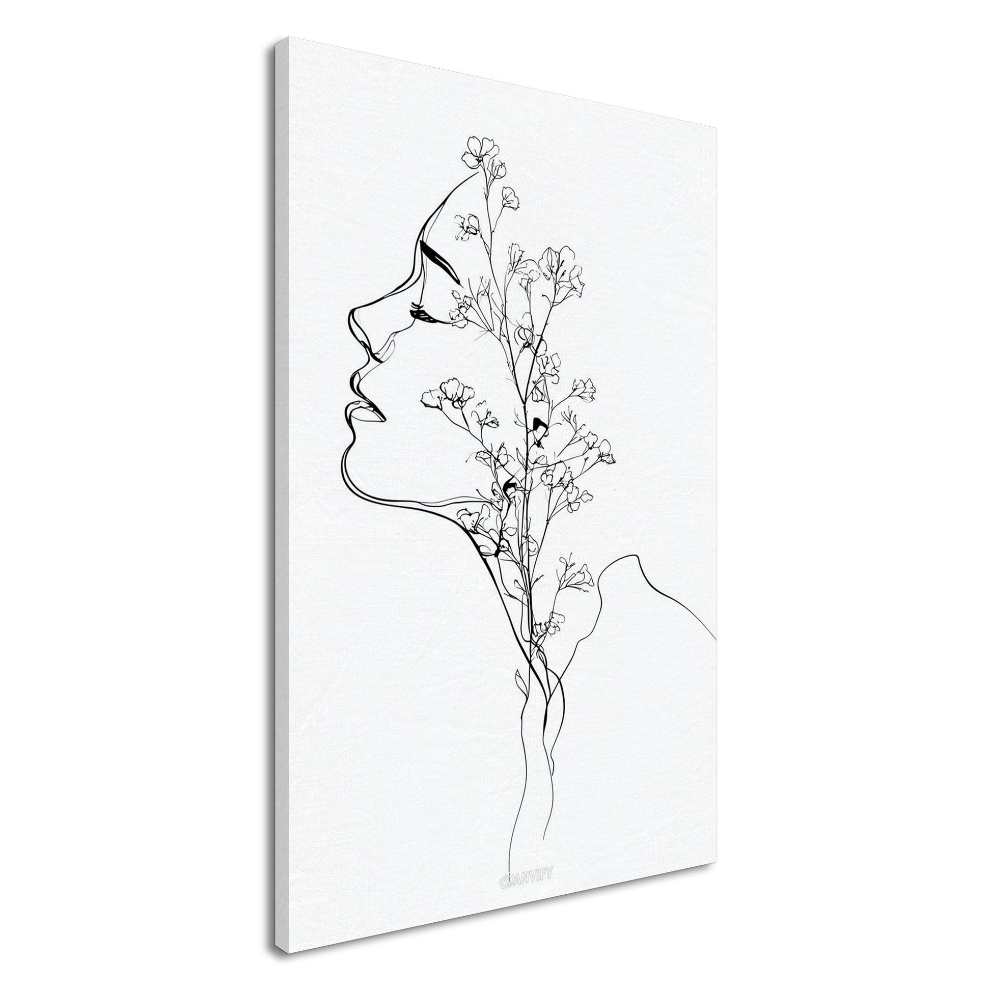Frau mit Blumen gezeichnet mit einer Linie auf einer Leinwand