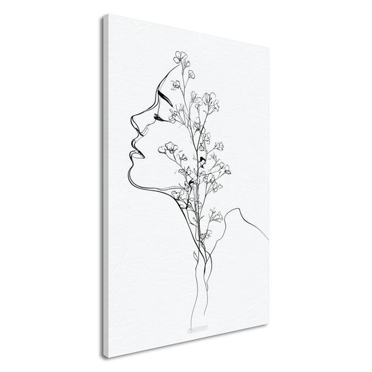 Frau mit Blumen gezeichnet mit einer Linie auf einer Leinwand