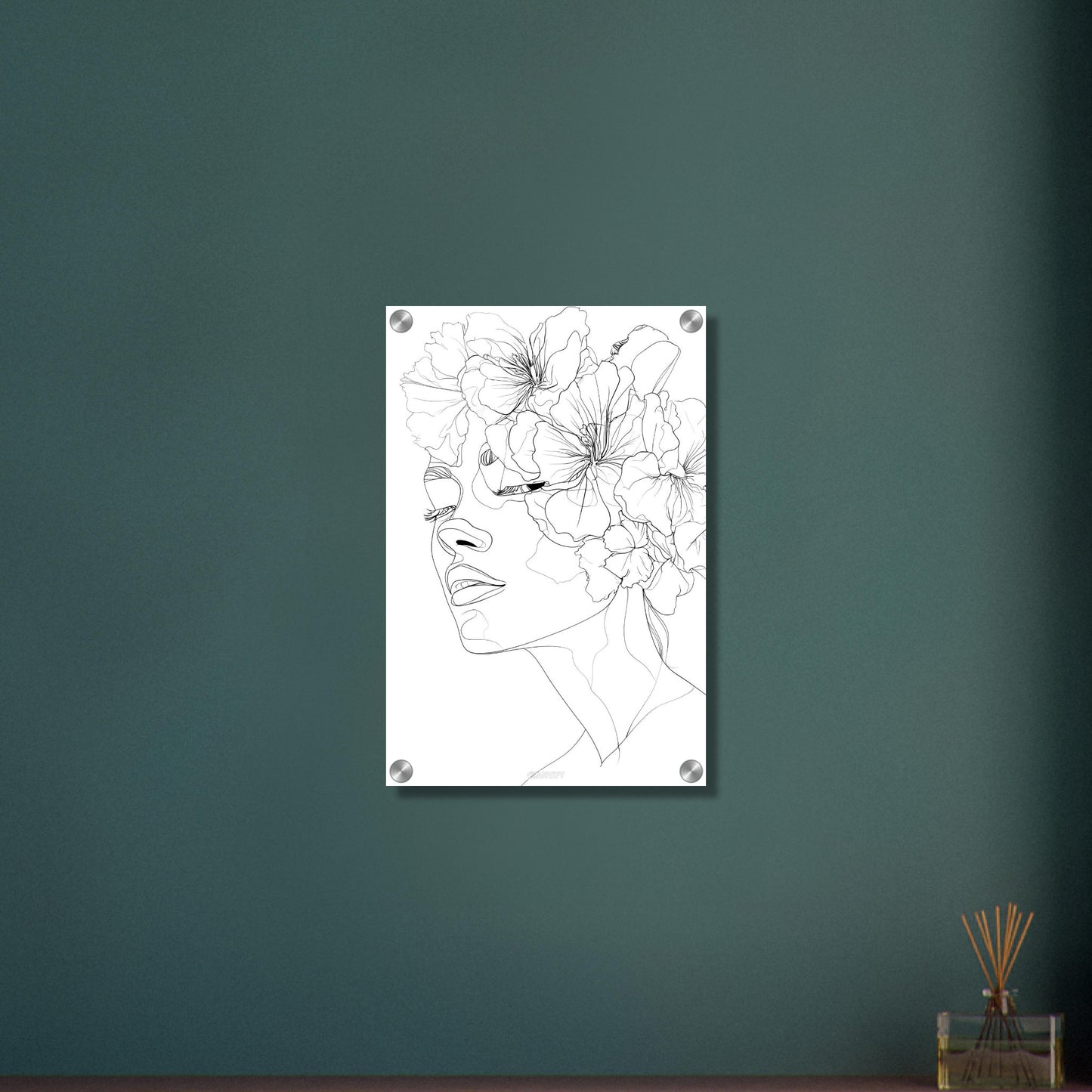 Frau mit Blumen gezeichnet mit einer Linie auf einem Acrylbild