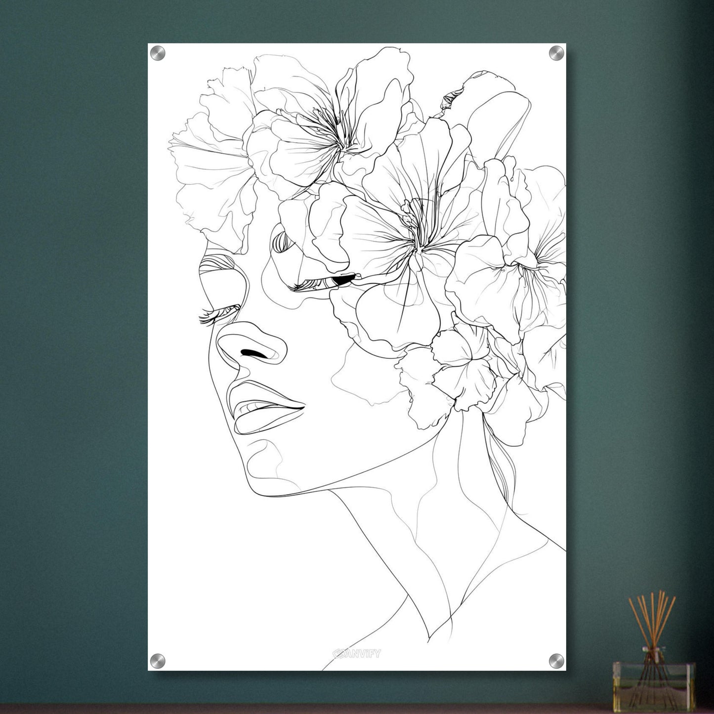 Frau mit Blumen gezeichnet mit einer Linie auf einem Acrylbild