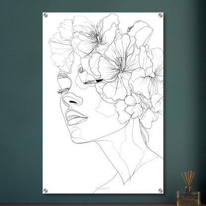 Frau mit Blumen gezeichnet mit einer Linie auf einem Acrylbild