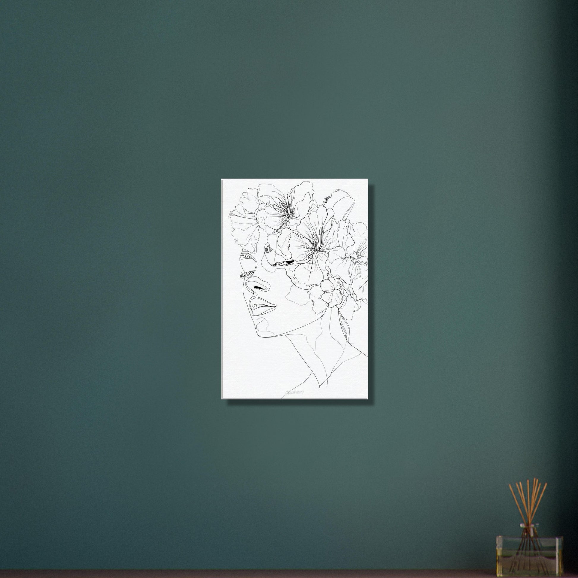 Frau mit Blumen gezeichnet mit einer Linie auf einer Leinwand