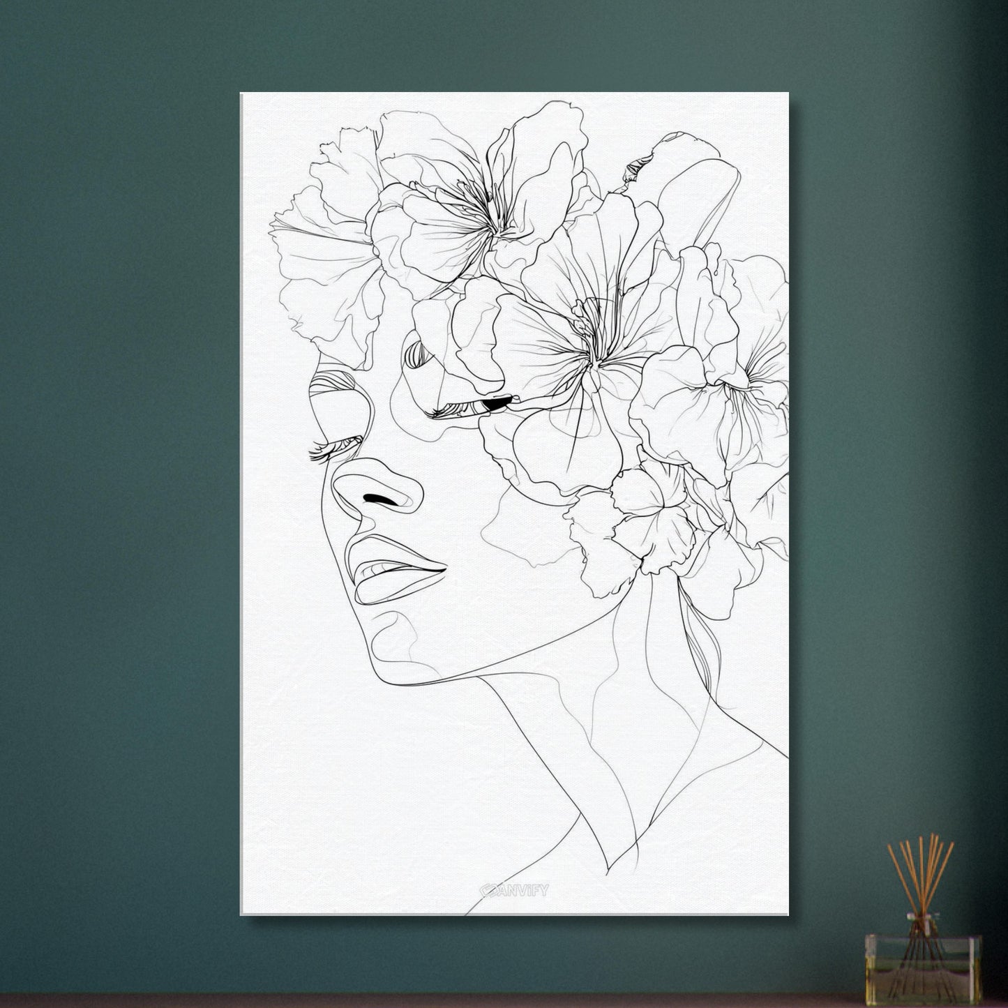 Frau mit Blumen gezeichnet mit einer Linie auf einer Leinwand