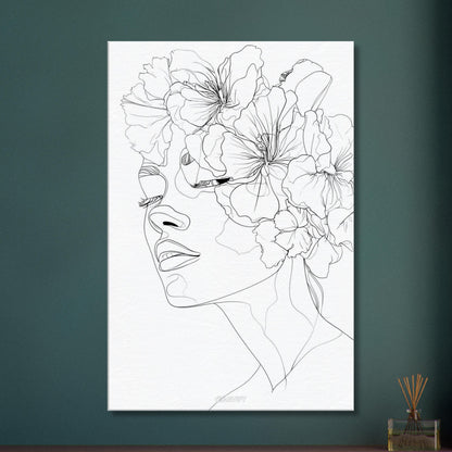 Frau mit Blumen gezeichnet mit einer Linie auf einer Leinwand