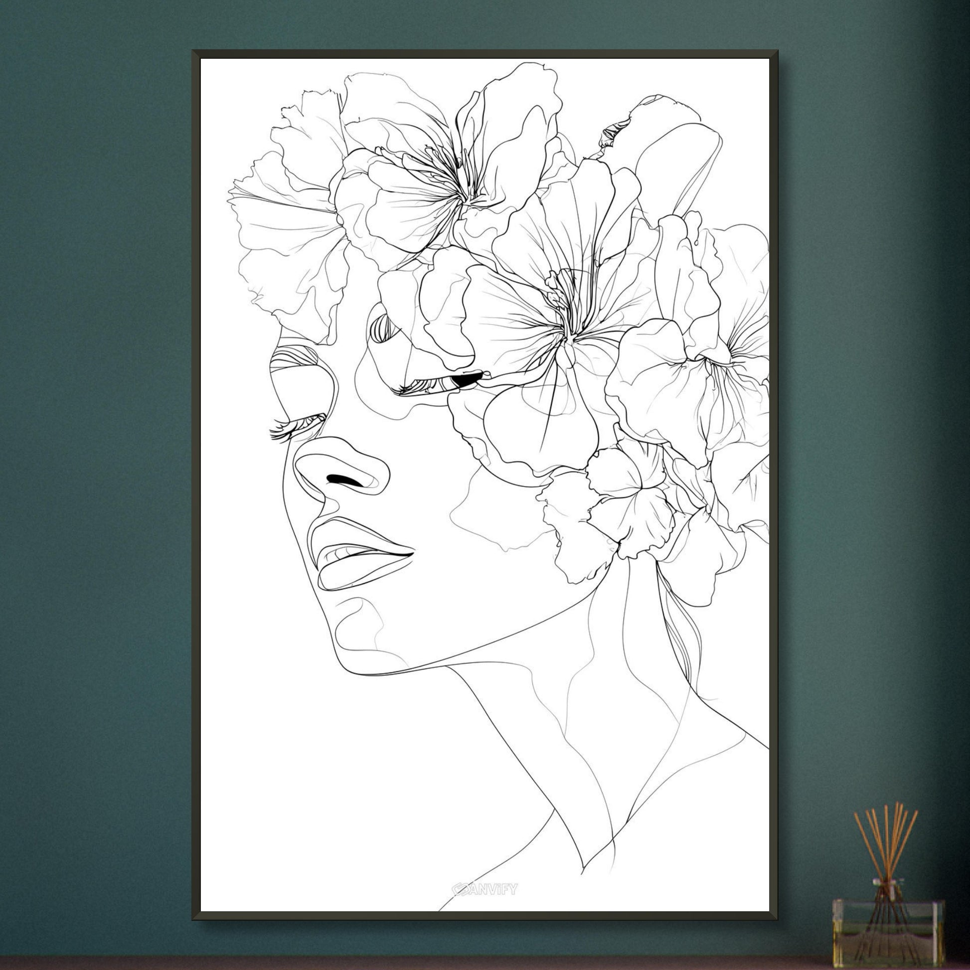 Frau mit Blumen gezeichnet mit einer Linie auf einem Poster im Metallrahmen