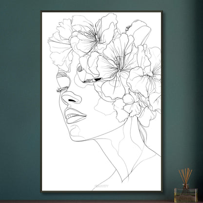 Frau mit Blumen gezeichnet mit einer Linie auf einem Poster im Metallrahmen