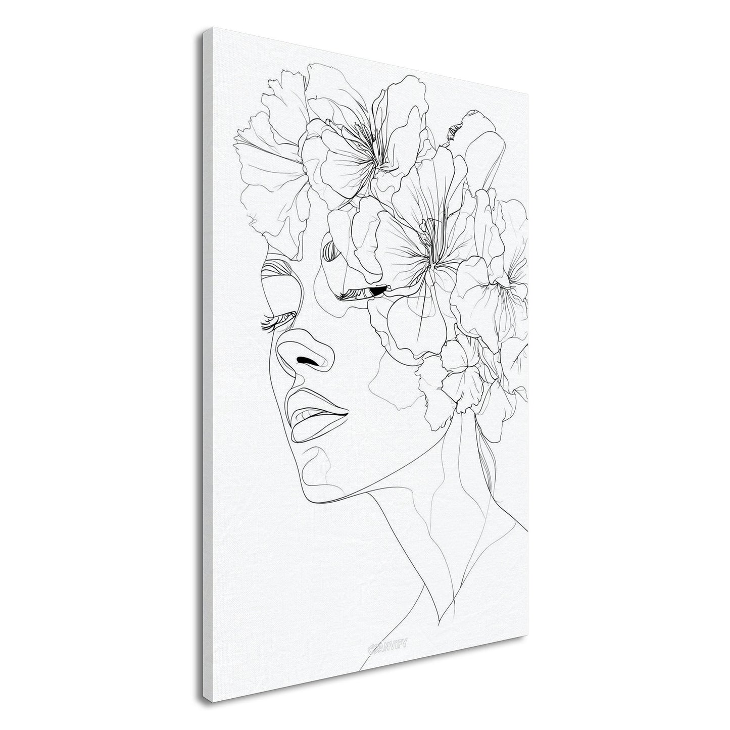 Frau mit Blumen gezeichnet mit einer Linie auf einer Leinwand