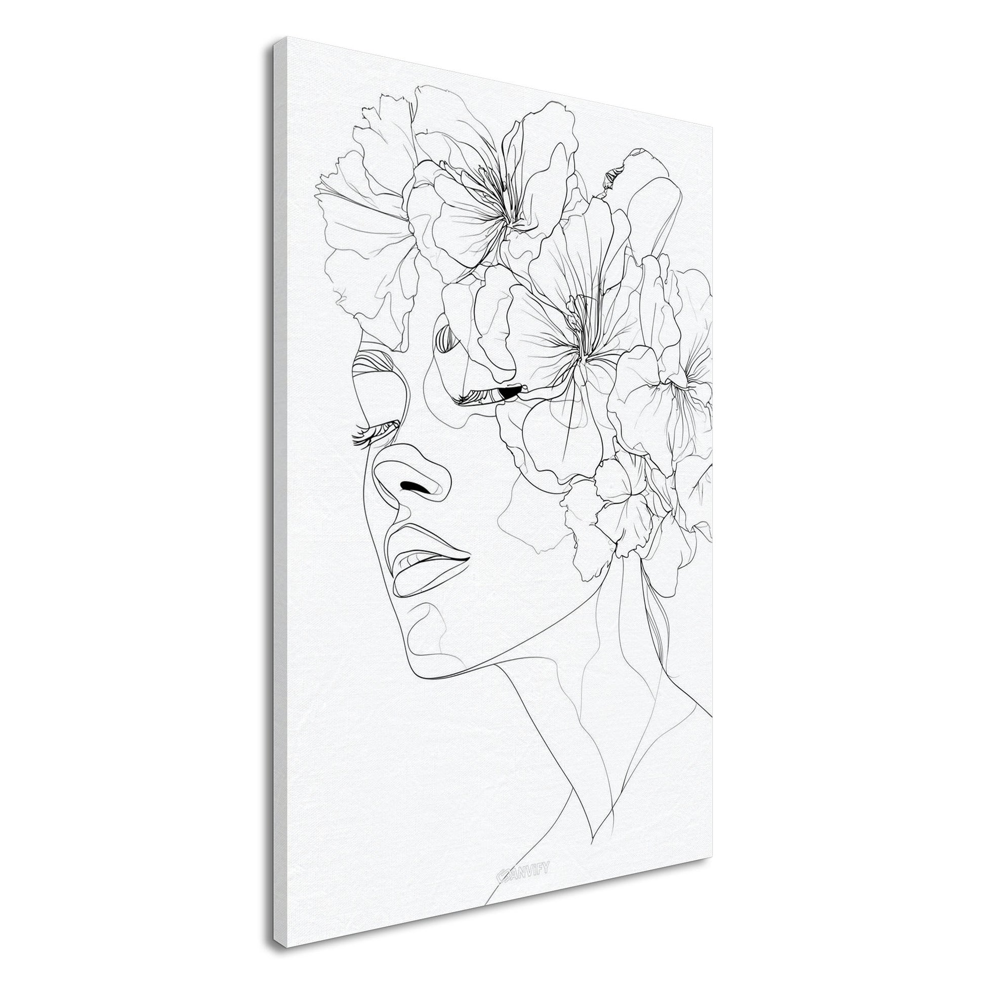 Frau mit Blumen gezeichnet mit einer Linie auf einer Leinwand