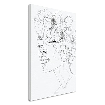 Frau mit Blumen gezeichnet mit einer Linie auf einer Leinwand