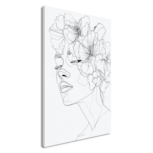 Frau mit Blumen gezeichnet mit einer Linie auf einer Leinwand