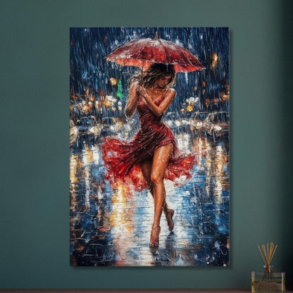 Schöne sexy Frau im roten Kleid und mit einem Regenschirm bei Nacht und Regen in der Stadt auf einer Leinwand