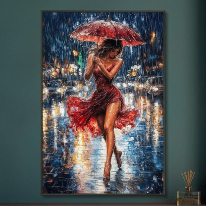 Schöne sexy Frau im roten Kleid und mit einem Regenschirm bei Nacht und Regen in der Stadt auf einem Poster im Metallrahmen
