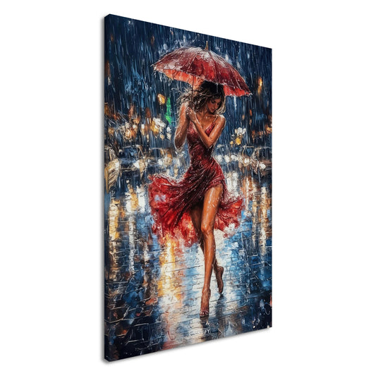 Schöne sexy Frau im roten Kleid und mit einem Regenschirm bei Nacht und Regen in der Stadt auf einer Leinwand