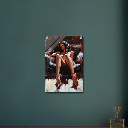 Sexy Frau mit einem Rotweinglas und roten Absatzschuhen auf einem Acrylbild