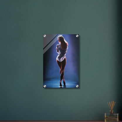 Sexy blonde Frau mit weißer Bluse auf einem Acrylbild