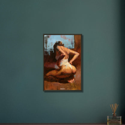 Schöne sexy Frau mit perfektem Körper im weißen Bodysuit auf einem Poster im Metallrahmen