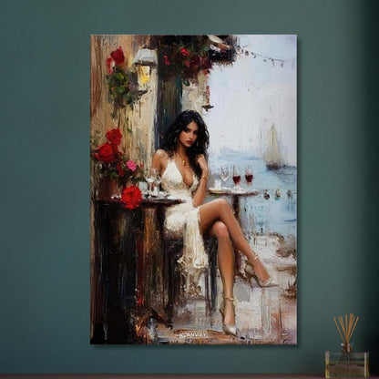 Schöne sexy dunkelhaarige Frau im weißen Kleid und mit einem Rotweinglas auf einer Leinwand