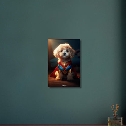 Maltipoo in einem Superhelden Kostüm von Wonder Woman auf einer Leinwand