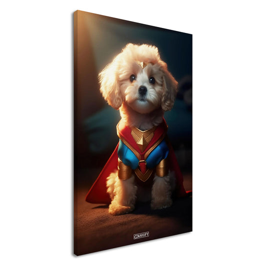Maltipoo in einem Superhelden Kostüm von Wonder Woman auf einer Leinwand