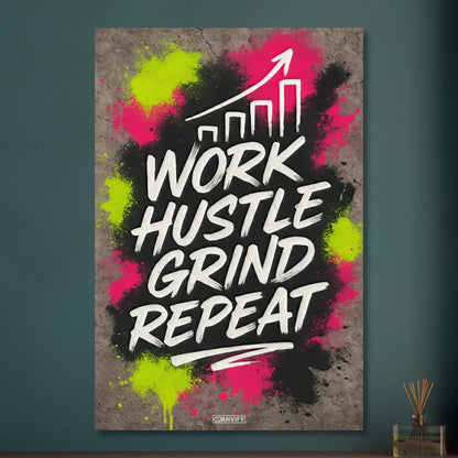 Work Hustle Grind Repeat Text im Graffiti Street Art Stil auf Aluminium