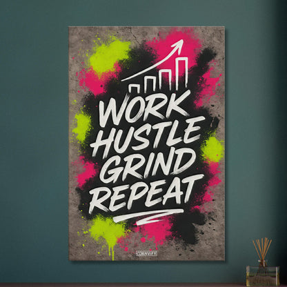 Work Hustle Grind Repeat Text im Graffiti Street Art Stil auf einer Leinwand