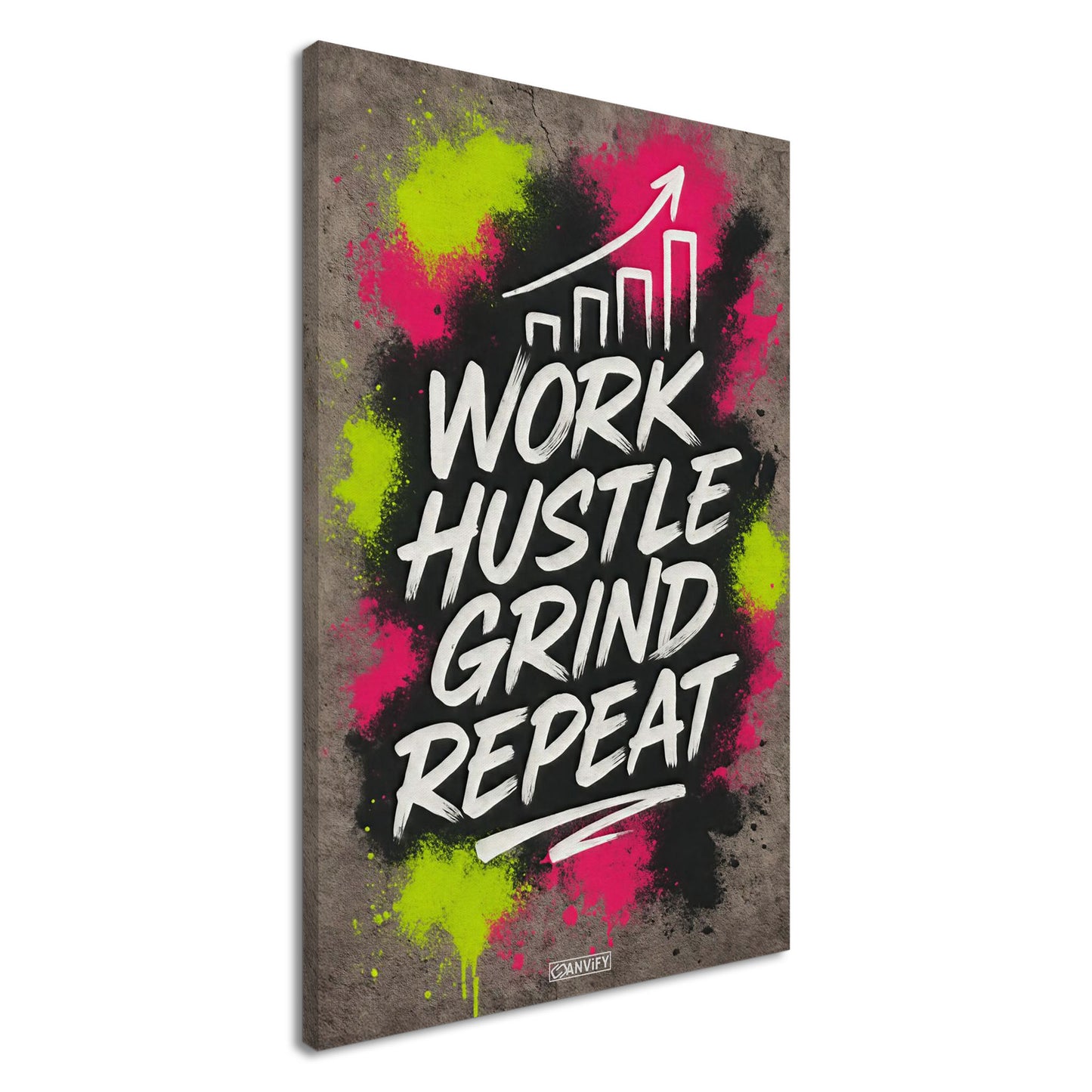 Work Hustle Grind Repeat Text im Graffiti Street Art Stil auf einer Leinwand