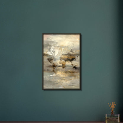 Abstrakte Weltkarte auf einem Poster im Metallrahmen