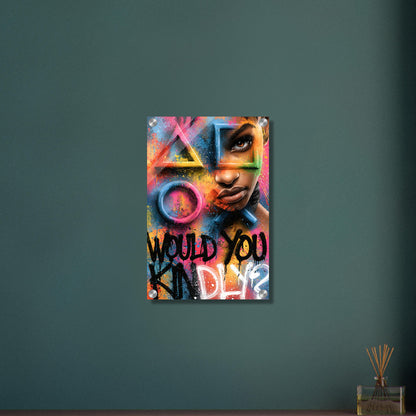 Playstation Symbole in bunten Farben mit einer Frau und einem Spruch 'Would You Kindly' im Graffiti Street Art Stil auf einem Acrylbild
