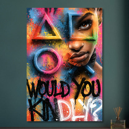 Playstation Symbole in bunten Farben mit einer Frau und einem Spruch 'Would You Kindly' im Graffiti Street Art Stil auf Aluminium
