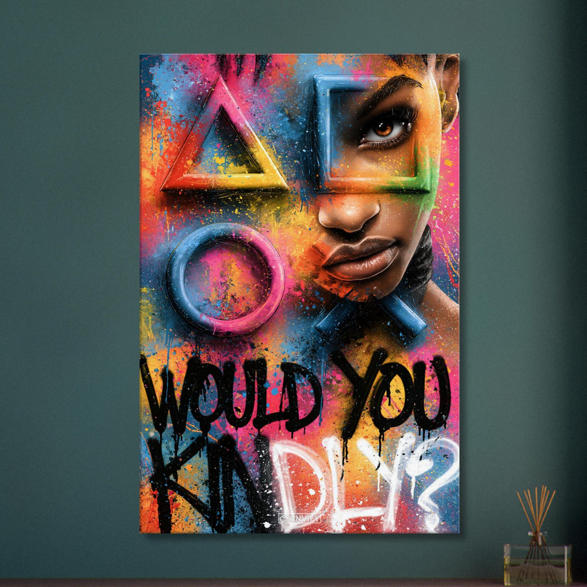 Playstation Symbole in bunten Farben mit einer Frau und einem Spruch 'Would You Kindly' im Graffiti Street Art Stil auf einer Leinwand