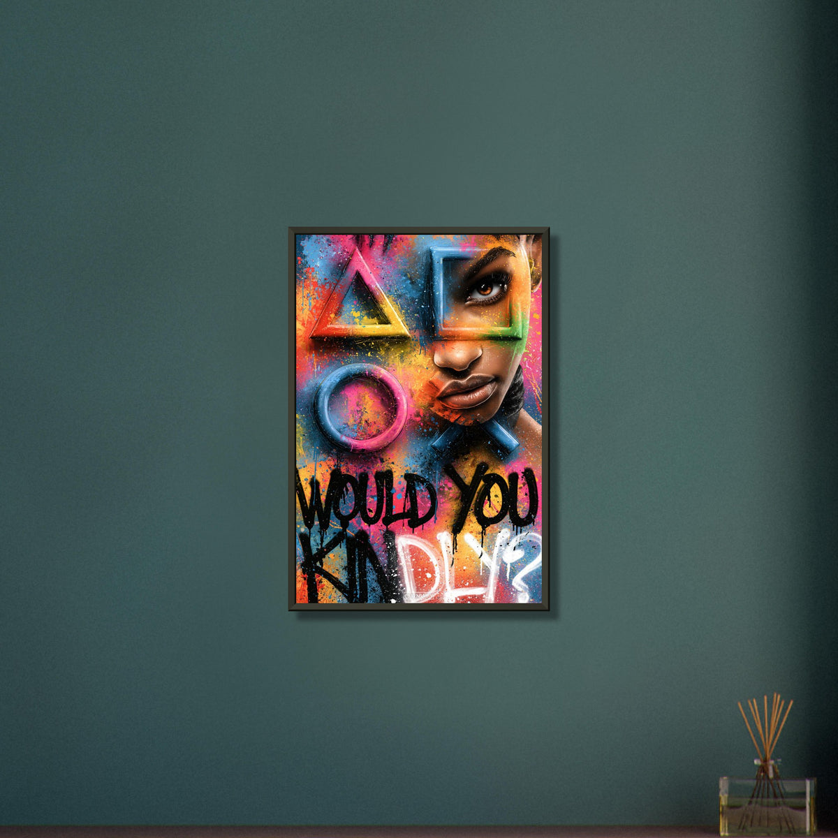 Playstation Symbole in bunten Farben mit einer Frau und einem Spruch 'Would You Kindly' im Graffiti Street Art Stil auf einem Poster im Metallrahmen