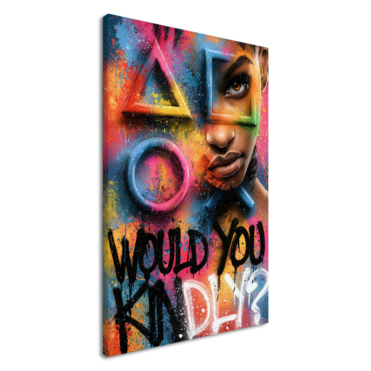 Playstation Symbole in bunten Farben mit einer Frau und einem Spruch 'Would You Kindly' im Graffiti Street Art Stil auf einer Leinwand