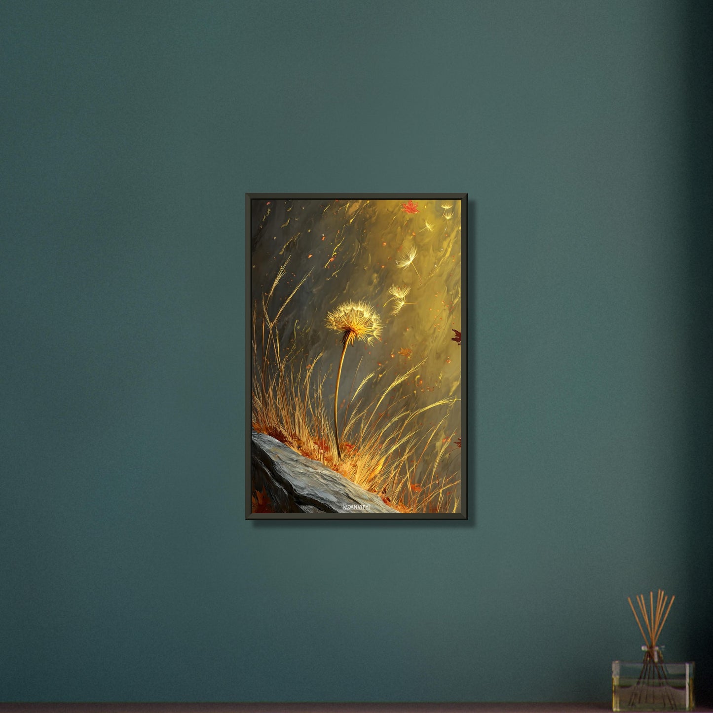 Gelbe Pusteblume auf einem Poster im Metallrahmen