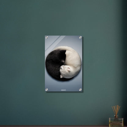 Schwarze und weiße Katze im Yin Yang auf einem Acrylbild